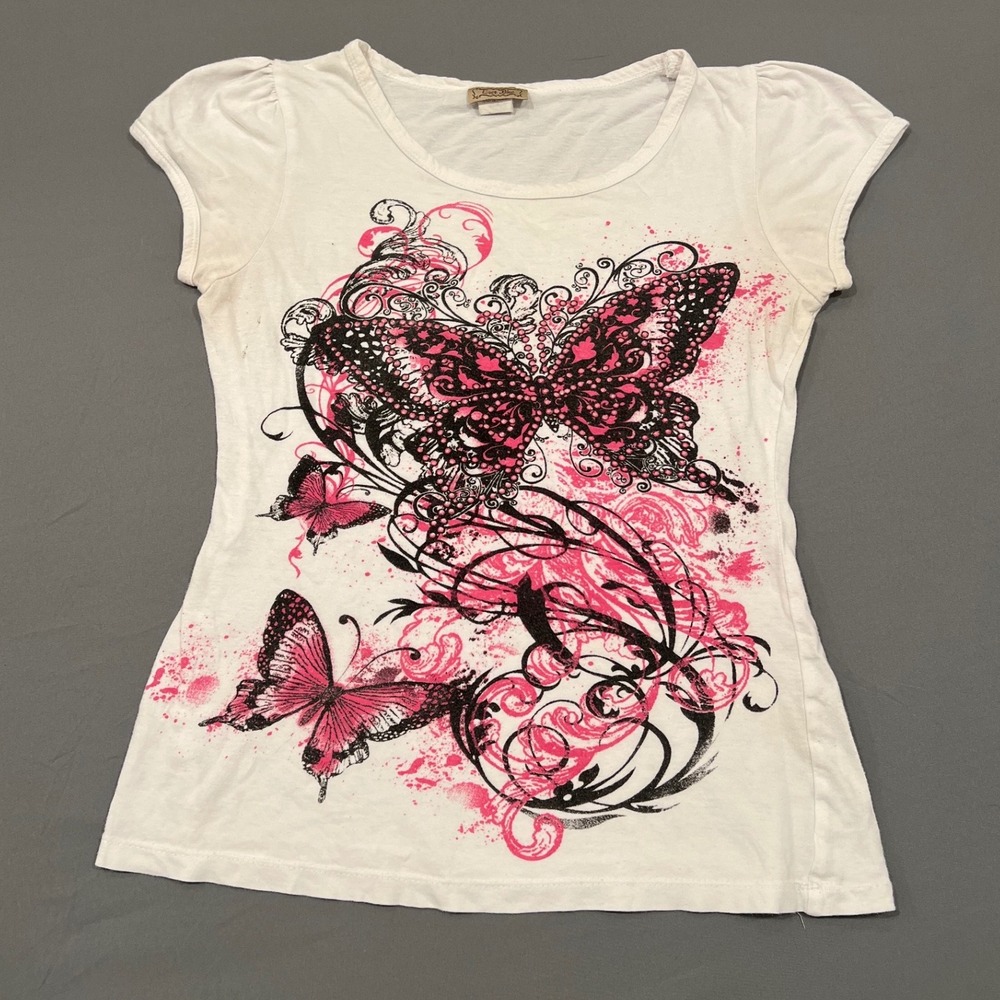 Ever Blue Y2K Butterfly Graphic Tee Pink Black Fairycore Grunge Top Small